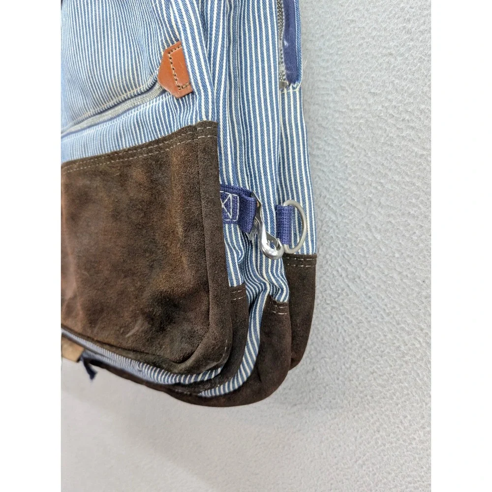 Vintage Hickory Stripe Canvas Suede Garment Travel Luggage Bag Blue White Brown